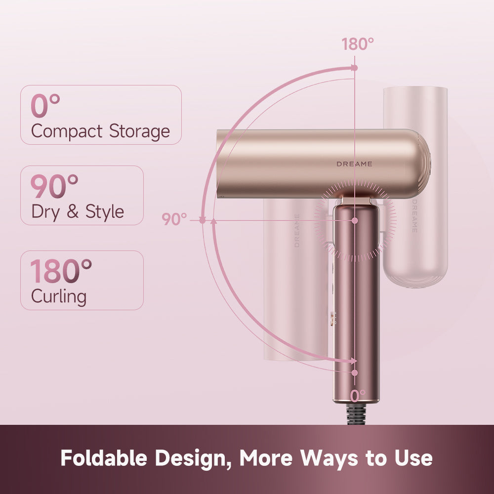 Rose gold foldable hair dryer with nozzle and compact storage body