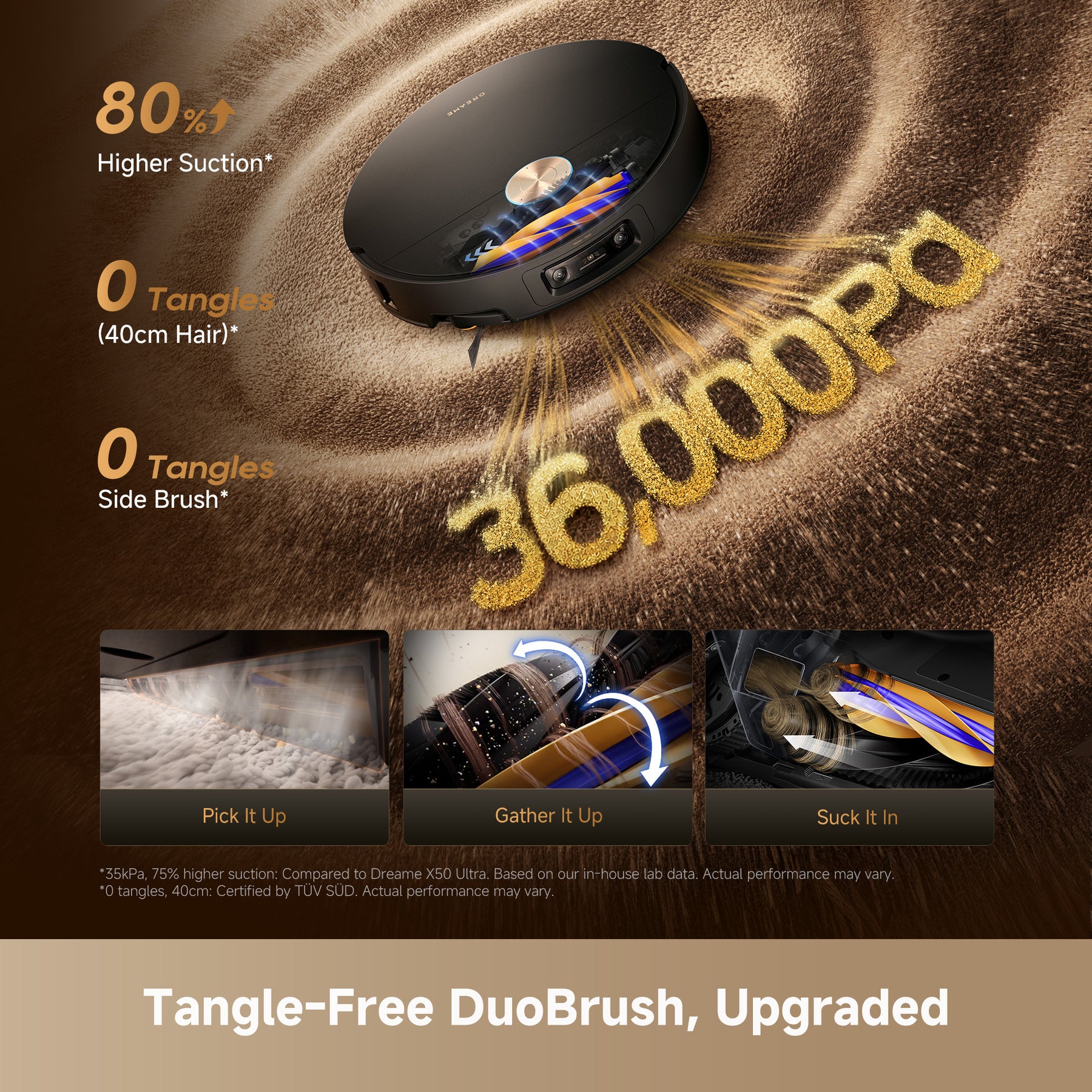 Dreame X60 Ultra robot vacuum top view with dual brush and airflow suction graphics