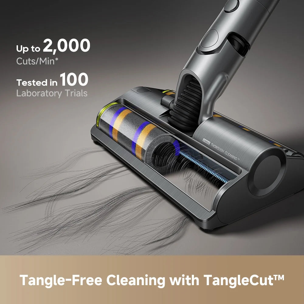 Dreame cordless stick vacuum with wide floor nozzle on carpet surface