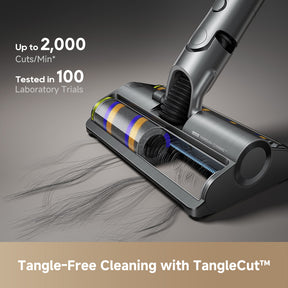 Gray cordless vacuum with slim floor head and rotating brush roll for deep hair pickup