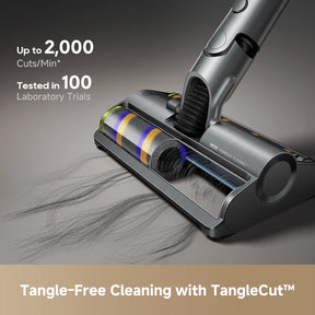 Dreame cordless stick vacuum with wide floor nozzle on carpet surface