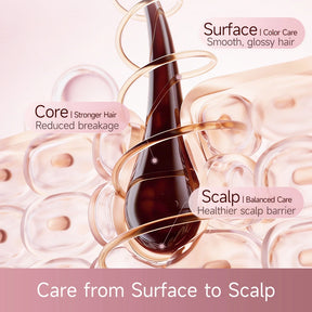 Hair care essence bottle accessory beside rose-gold hair dryer nozzle