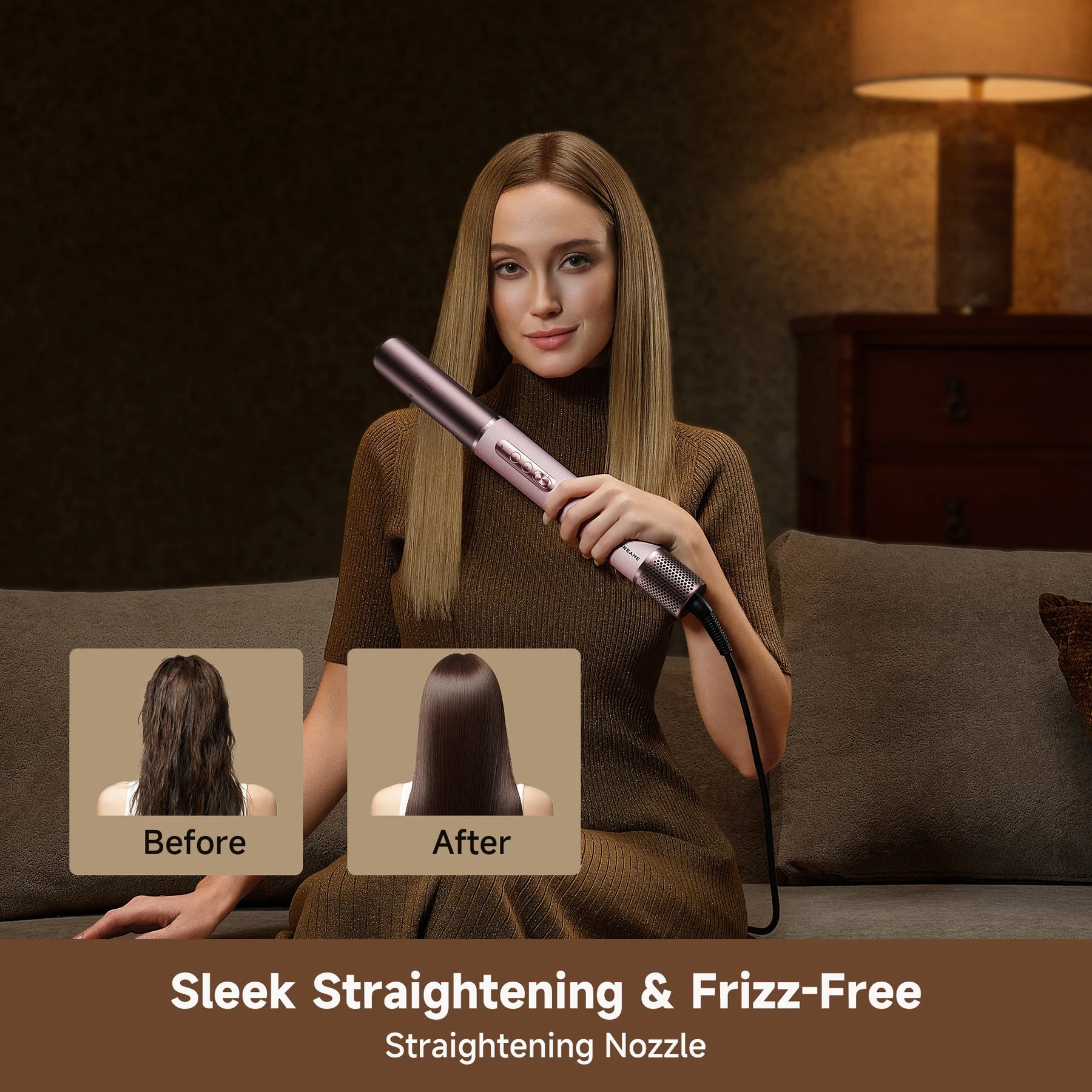 Rose-gold hair styler for straightening, held in front of long blonde hair