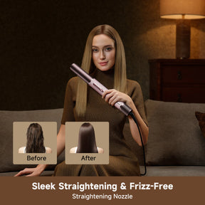 Rose-gold hair styler for straightening, held in front of long blonde hair