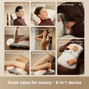 Back and waist massager cushion shown in multiple relief positions