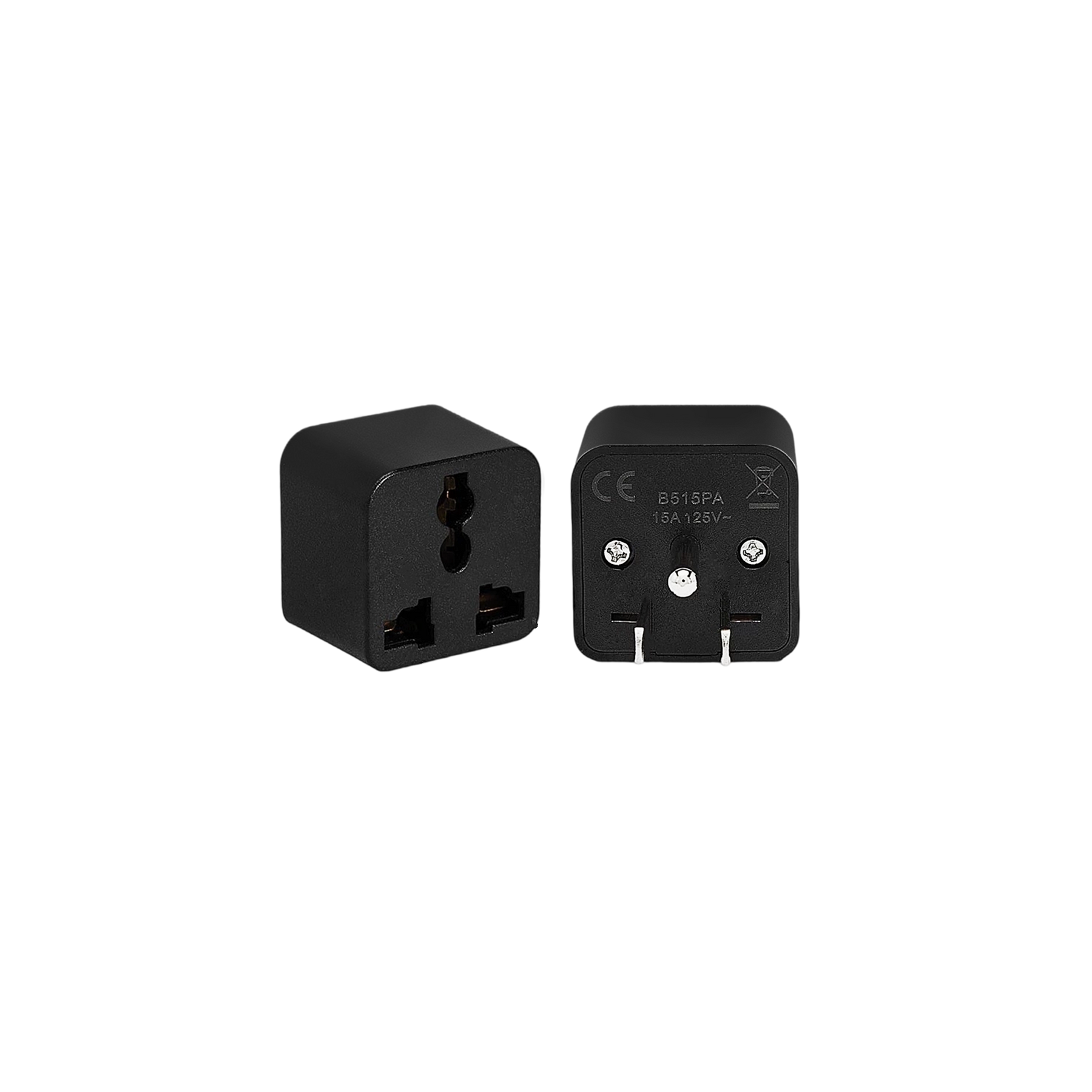 Black plug-in power adapter with two-prong plug and adapter ports
