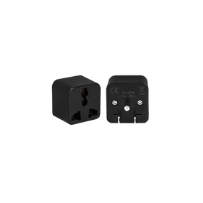 Black plug-in power adapter with two-prong plug and adapter ports