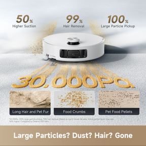 Robot Vacuum auf Boden mit 360°-Flächenabdeckung und Staubpartikeln
