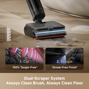 Steam wet dry vacuum with front cleaning head and blue accent lights, shown on floor