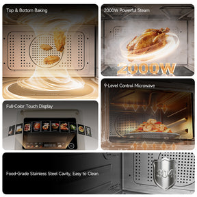 Combi microwave steam oven features collage showing top & bottom baking, steam, and microwave