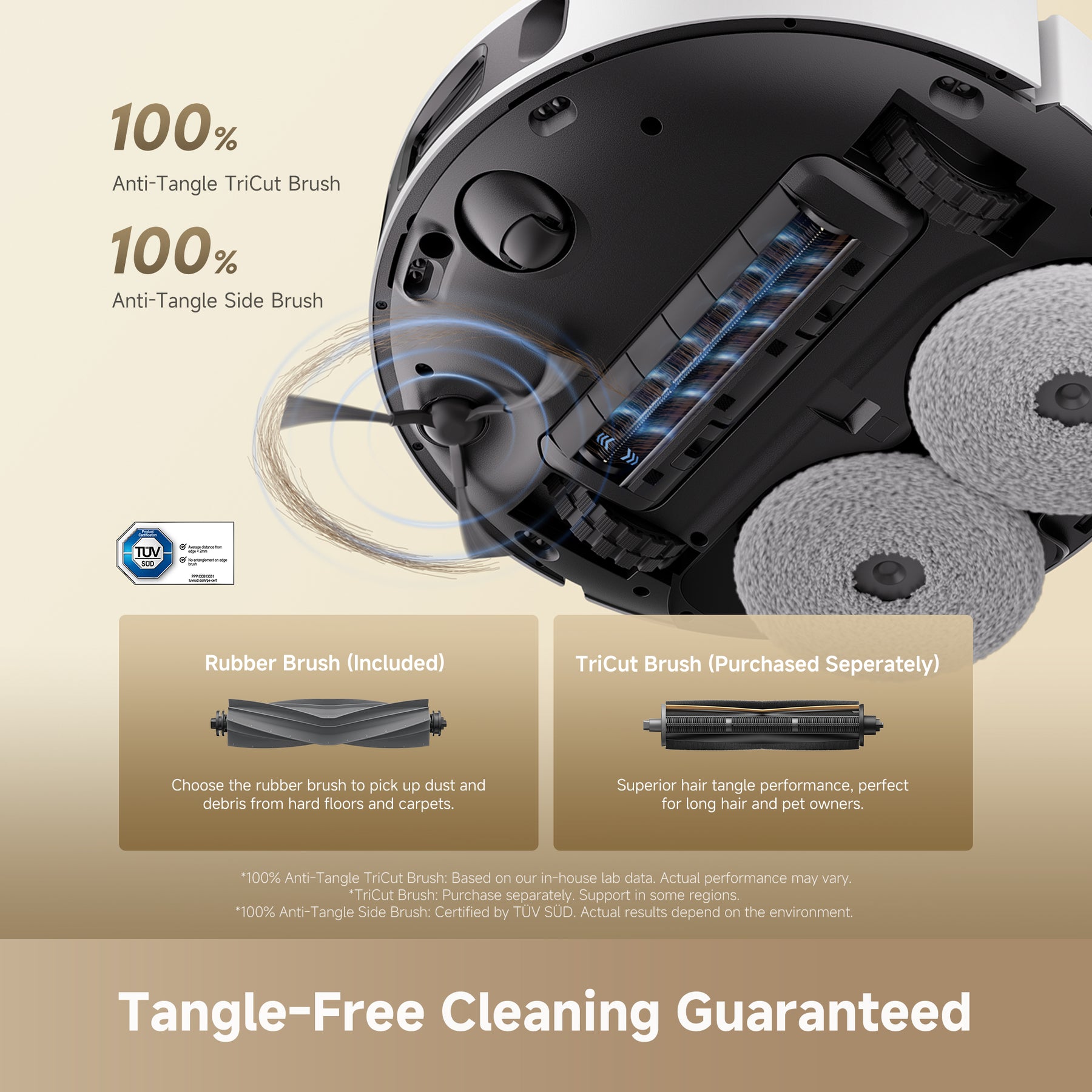 Robot vacuum underside with triCut brush and side brush near the wheel