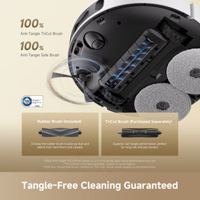 Robot vacuum underside with triCut brush and side brush near the wheel