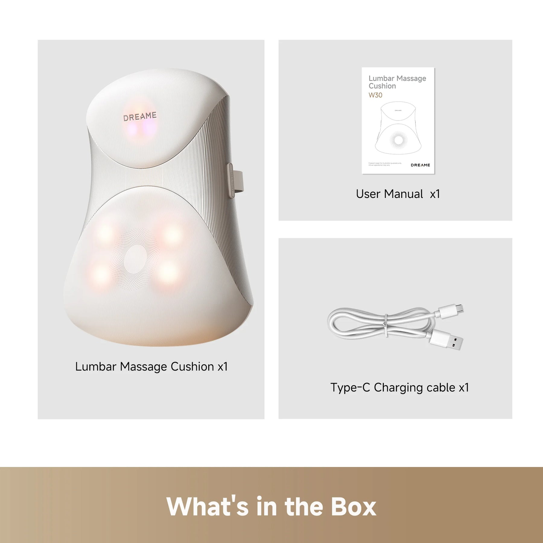 Lumbar massage cushion, user manual, and USB-C charging cable shown