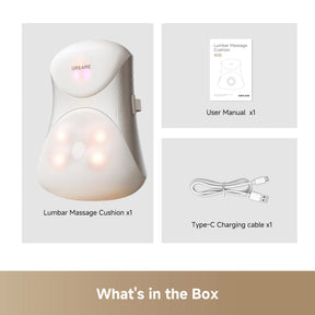 Lumbar massage cushion, user manual, and USB-C charging cable shown