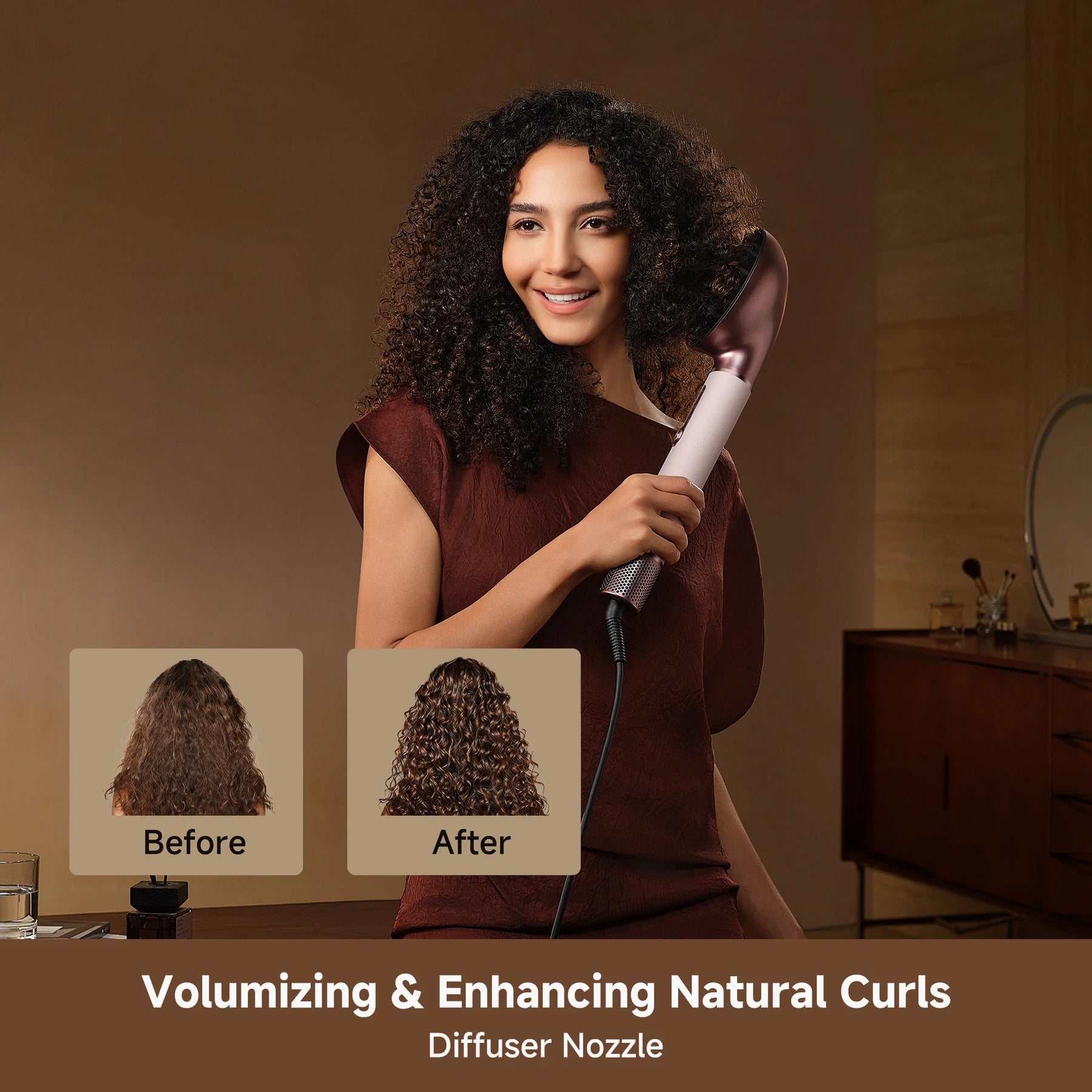 Hair styler with diffuser attachment held near natural curls