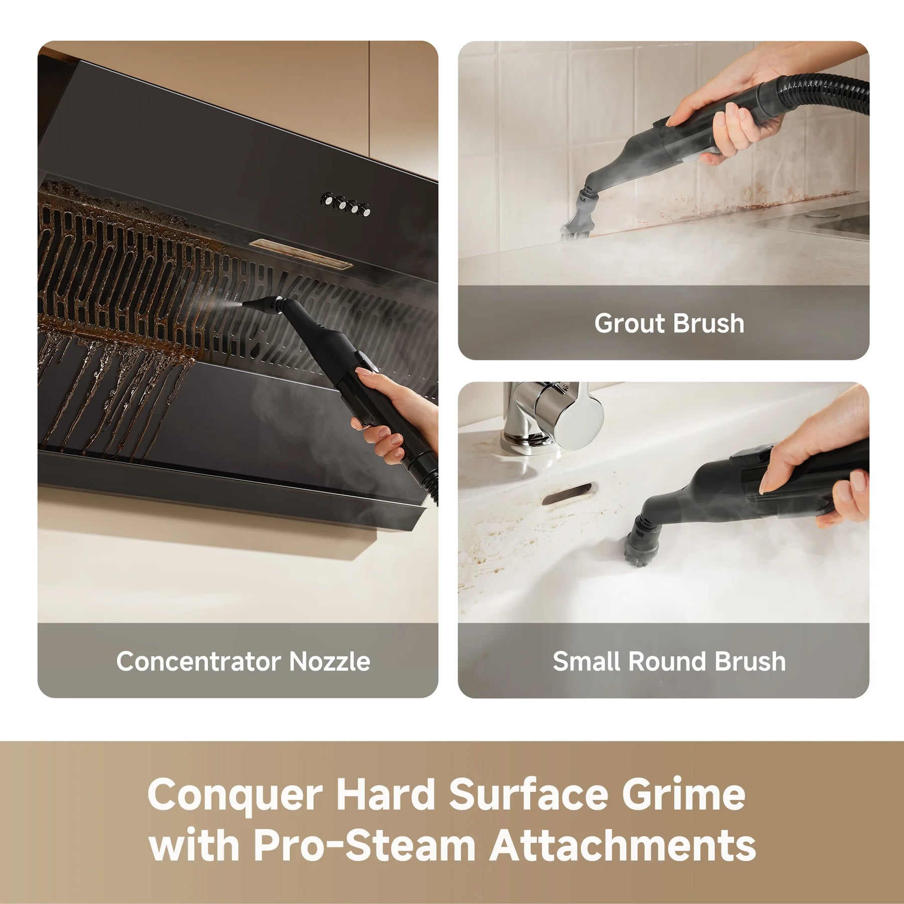 Pro-steam attachment set with concentrator nozzle and small round brush