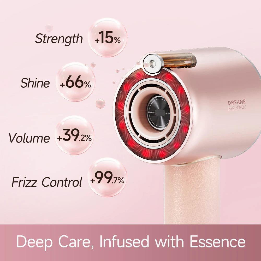 Rose-gold hair dryer with red light ring around the intake vent