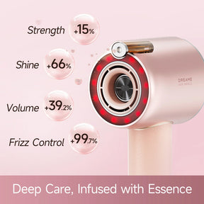 Rose-gold hair dryer with red light ring around the intake vent