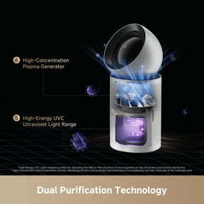 White air purifier with dark top and glowing UV/technology light effects.