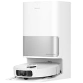 Dreame robotic vacuum base station with docked robot cleaner, white.