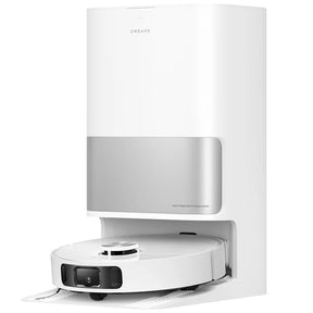 Dreame robotic vacuum base station with docked robot cleaner, white.