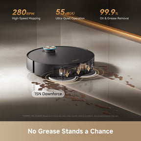 Robot vacuum on hard floor with 15N downforce and oil/grease pickup