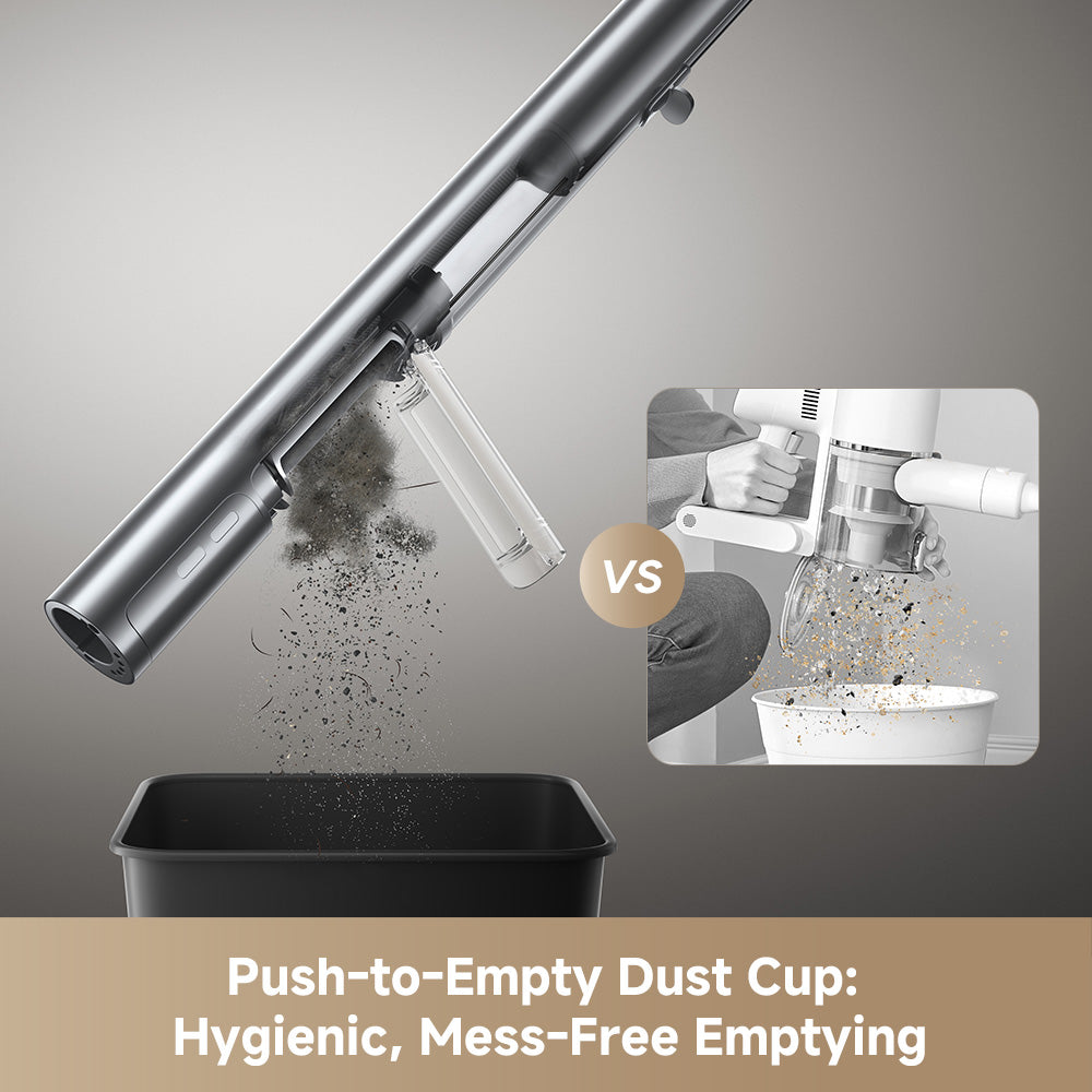 Gray cordless vacuum with dust bin and push-to-empty design on the handle