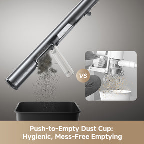 Gray cordless vacuum with dust bin and push-to-empty design on the handle