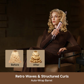 Hair styler with auto-wrap barrel held near styled blonde curls