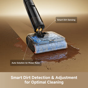 Steam wet dry vacuum with front mop pad spraying water onto tile