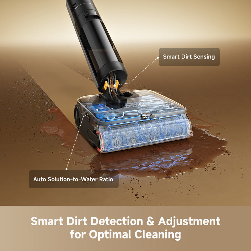 Steam wet dry vacuum with front mop pad spraying water onto tile