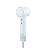 Light blue mini hair dryer with circular air inlet and vented handle