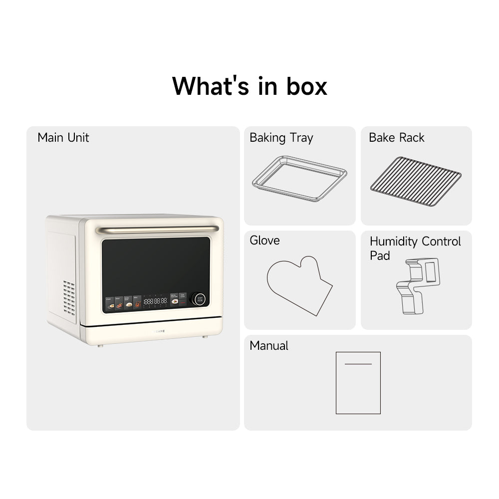 In-the-box items: main unit oven, baking tray, bake rack, glove, humidity control pad, manual