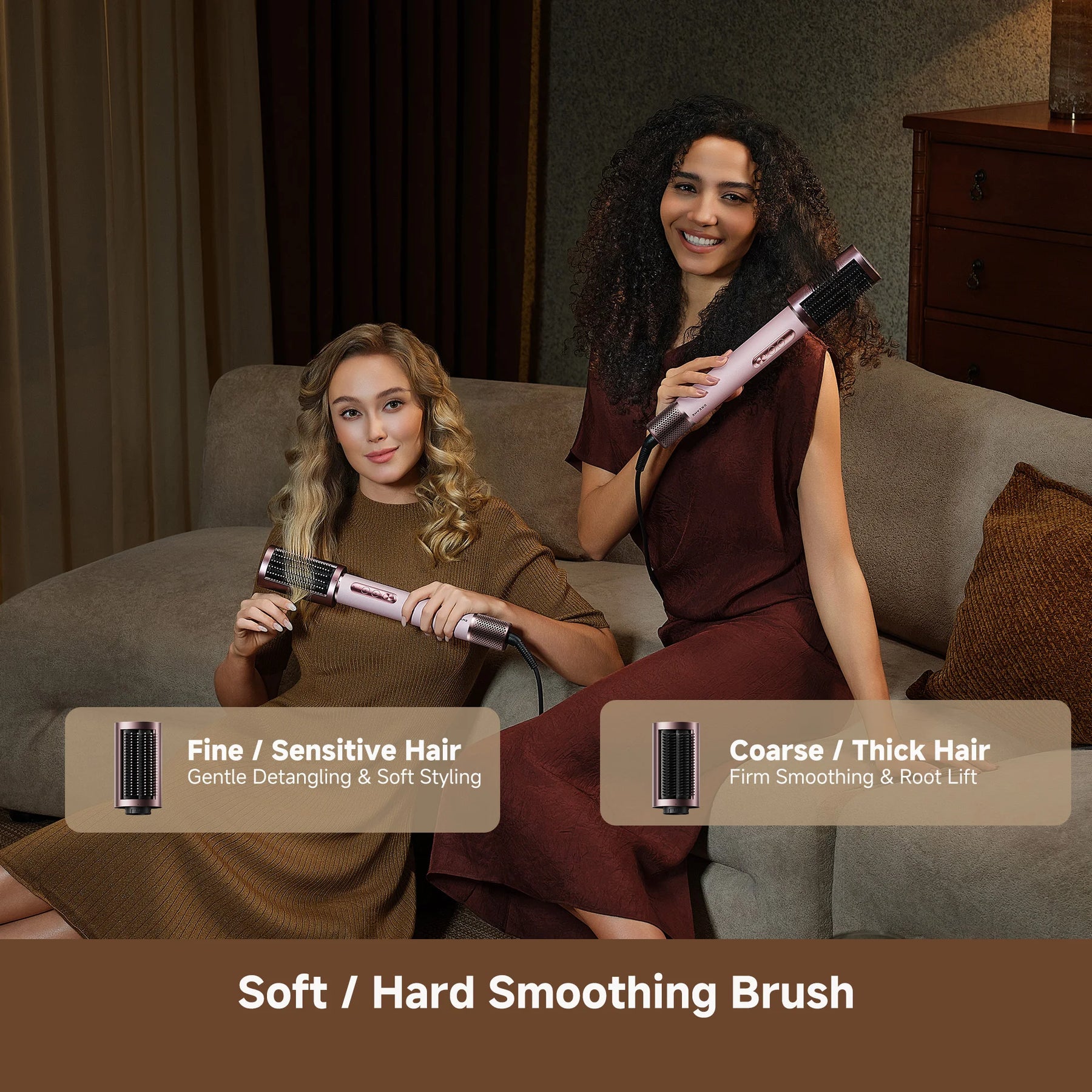 Hair styler with smoothing brush attachments, shown with two model hairstyles