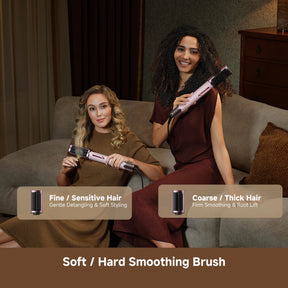 Hair styler with smoothing brush attachments, shown with two model hairstyles