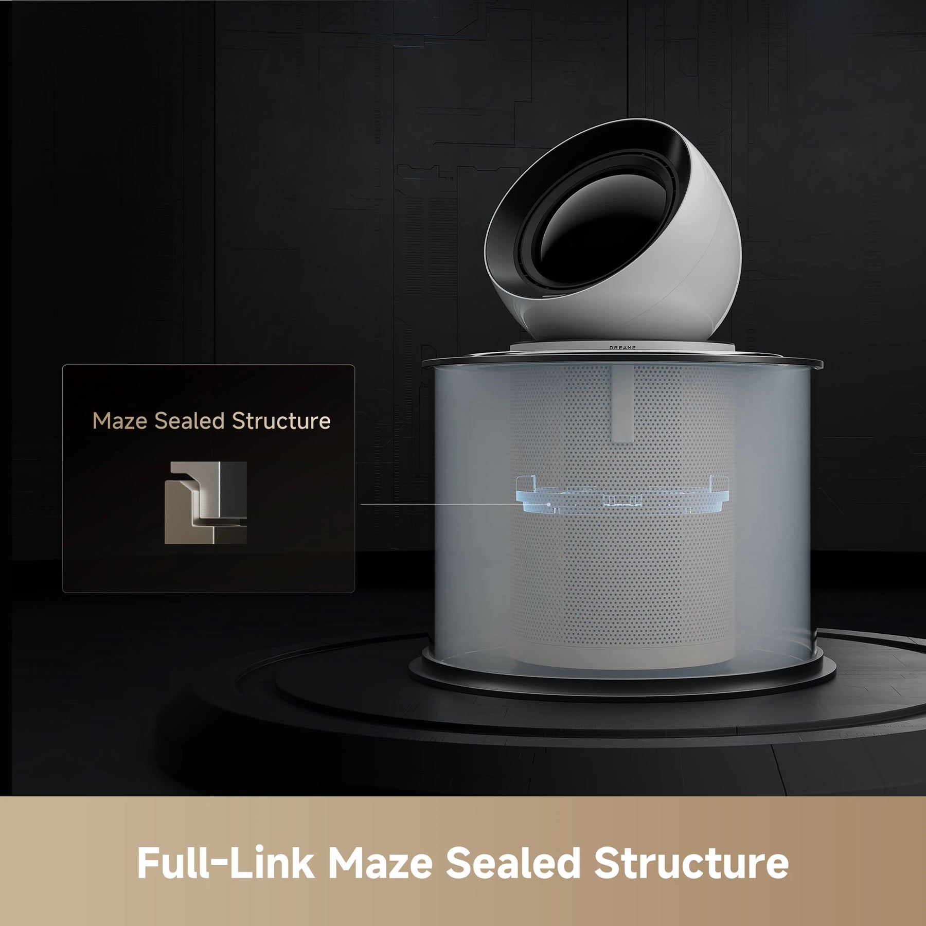 White air purifier with dark top and sealed body structure shown in a diagram.