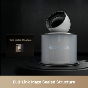 White air purifier with dark top and sealed body structure shown in a diagram.