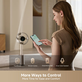 Bladeless Fan MF10 mit Smartphone-Steuerung, rundes Display und App-/Voice-Symbole