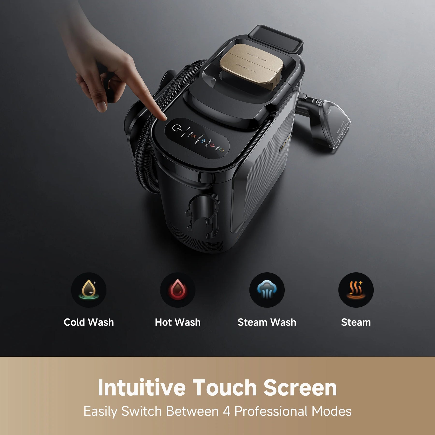 Black steam spot cleaner base with top touch screen and raised handheld wand
