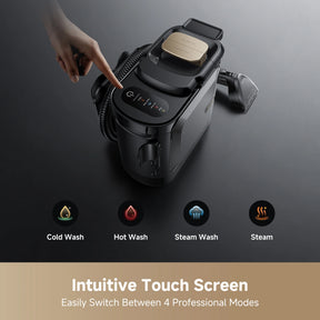 Black steam spot cleaner base with top touch screen and raised handheld wand