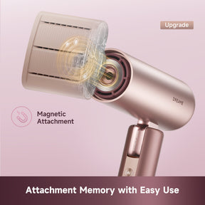 Rose gold hair dryer with rotating head and magnetic attachment