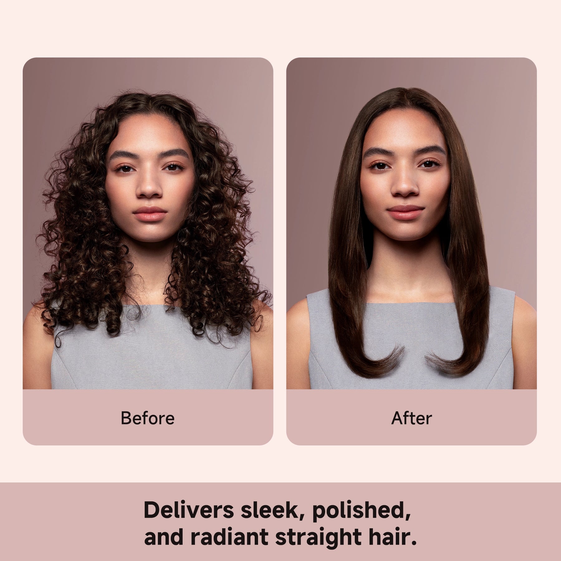 Before/after: rose-gold air straightener turning curls into straight hair