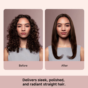 Before/after: rose-gold air straightener turning curls into straight hair