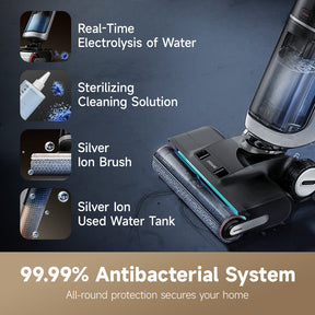 Wet-dry vacuum floor head with silver-ion style brush and water-jet cleaning tool