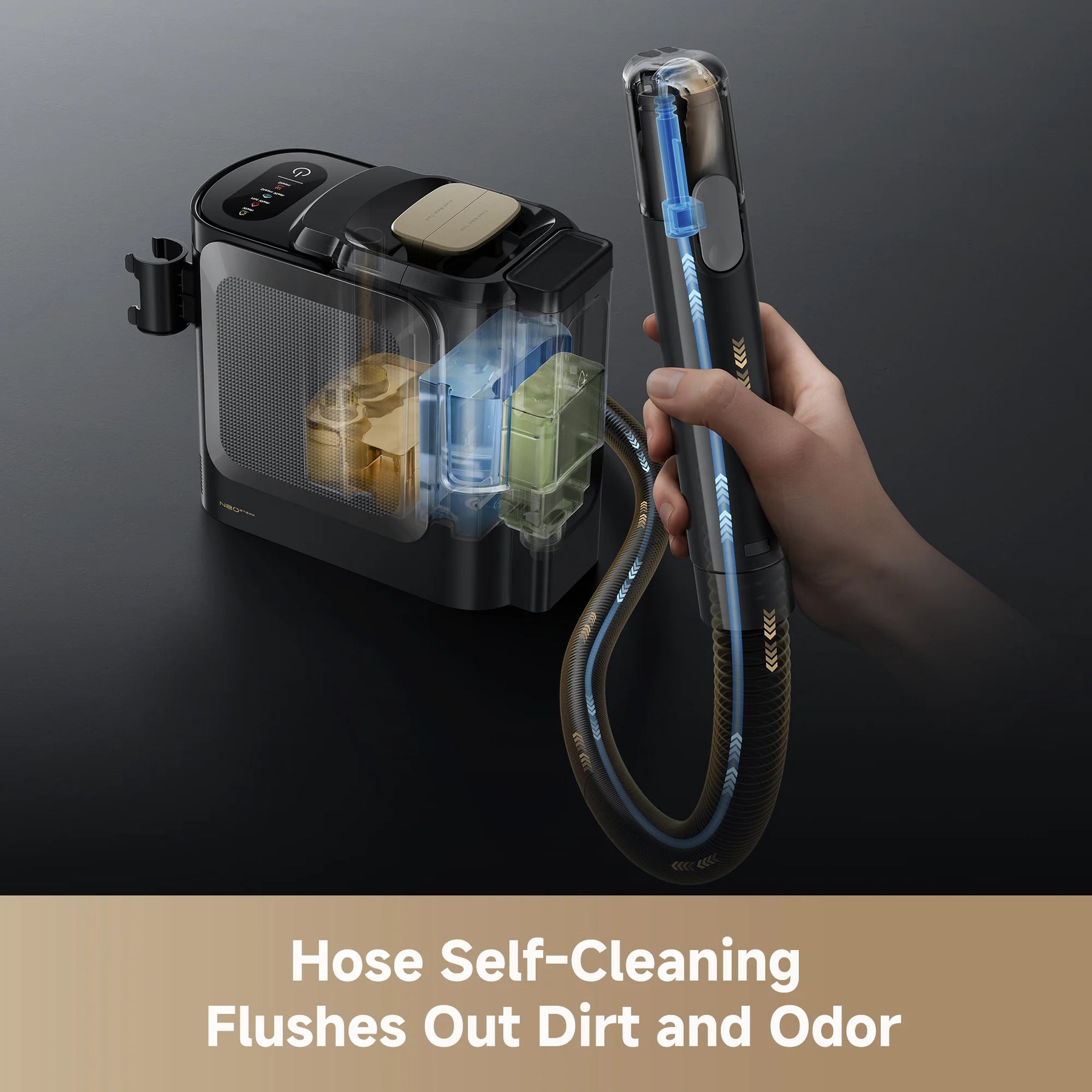 Steam spot cleaner with visible internal tank and handheld hose for self-cleaning