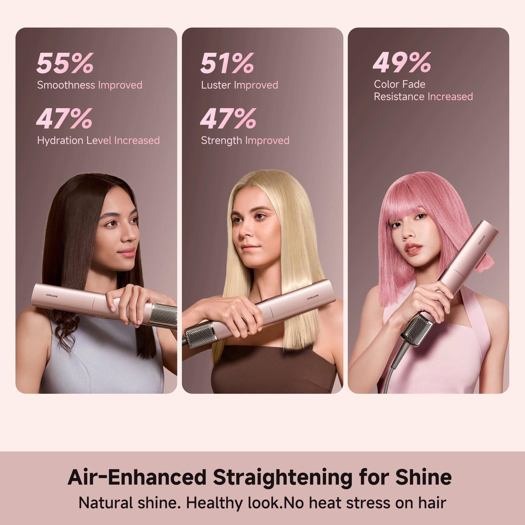 Rose-gold air straightener styling hair for shine, smoothing results