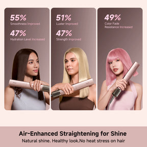 Rose-gold air straightener styling hair for shine, smoothing results
