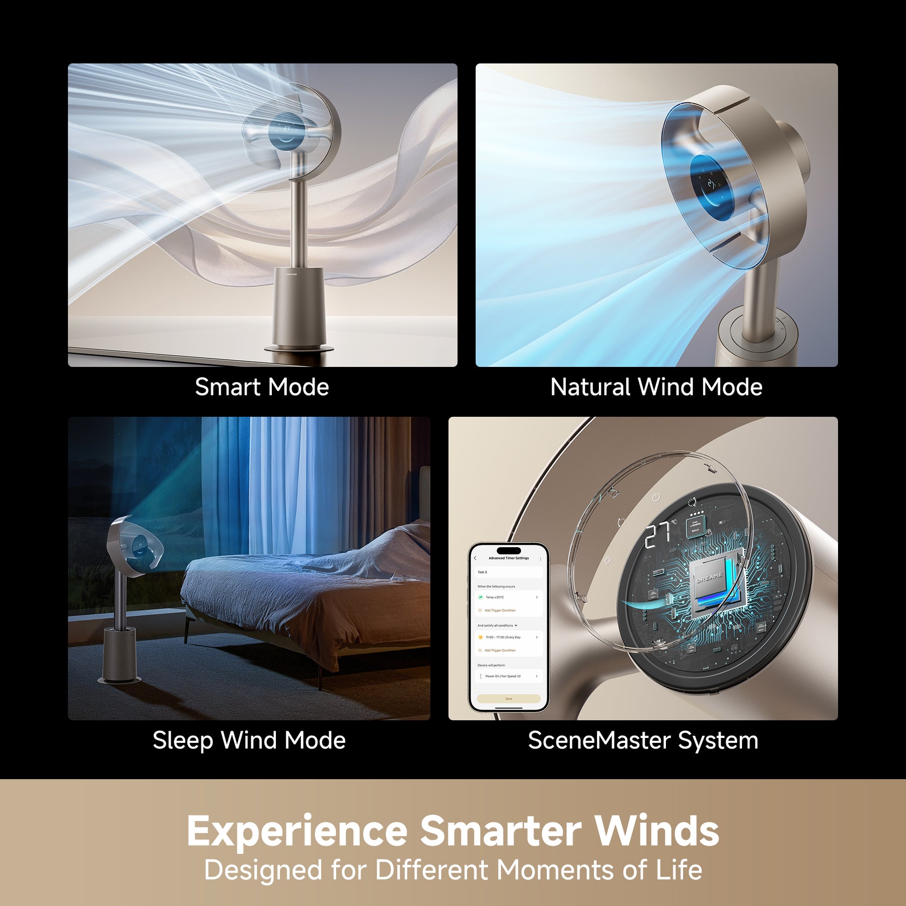 Bladeless fan with blue-lit control ring and phone app screen