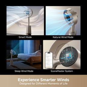 Bladeless fan with blue-lit control ring and phone app screen