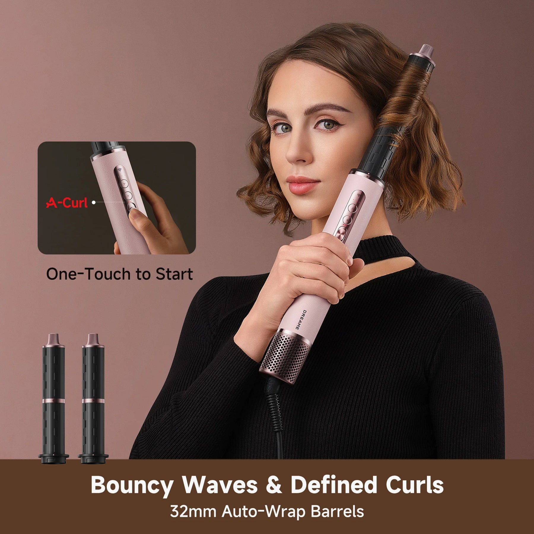 Handheld hair styling styler with auto-wrap barrel, held by a model